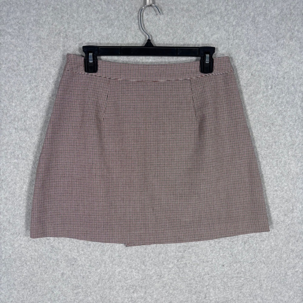 A New Day Mini Skirt Size 6 Brown Navy Houndstooth Plaid Faux Wrap Preppy School - Picture 7 of 12
